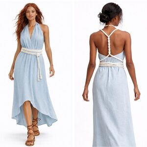 Ice Blue Linen Convertible Boho Halter Wrap Adjustable Summer Dress Fit S-L